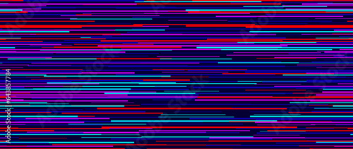 Seamless colorful random lines pattern. Neon tv noise repeating pattern. Horizontal irregular lines background pattern. Glitch or failure concept wallpaper. Vector illustration.