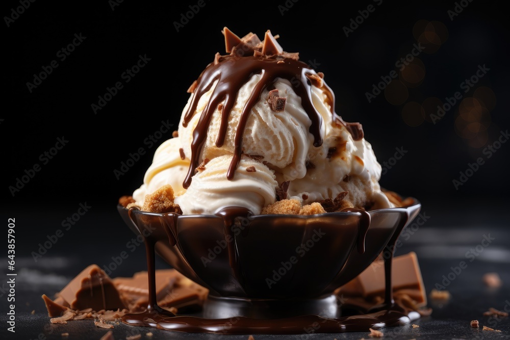 Bowl of ice cream with chocolate on brown background, closeup Bowl of ice cream with chocolate on brown background, closeup