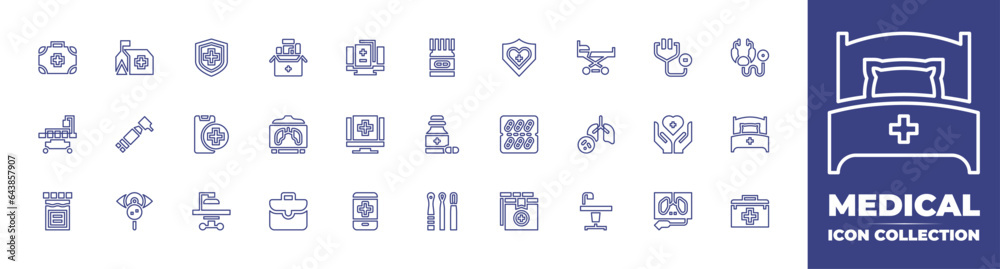 Medical line icon collection. Editable stroke. Vector illustration. Containing medical history, medical, medical insurance, medications, medical app, x rays, operating, first aid box, stethoscope.