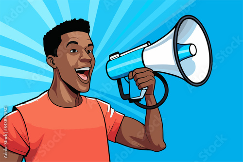A man speaks into a megaphone speaker loudspeaker. Vector illustration