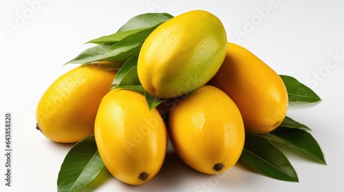 Mango fruits with green leaves on a white background, close up