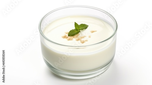 Panna cotta with mint in a glass bowl on white background
