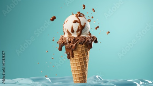 ice cream cone with chocolate and ice cream on blue background