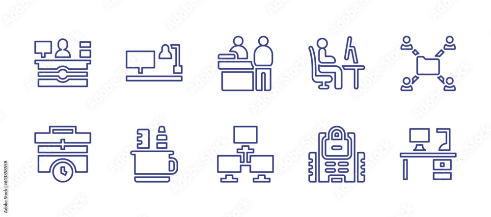 Office line icon set. Editable stroke. Vector illustration. Containing working at home, in person, office, network, shared folder, desk, coworking space, work time, pencil case.