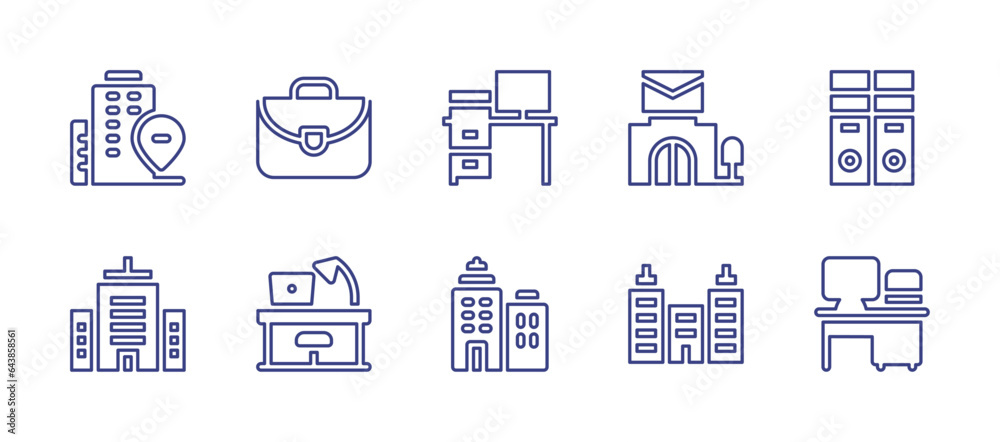 Office line icon set. Editable stroke. Vector illustration. Containing office building, briefcase, desk, corporate, office, post office, workplace, company, folder.