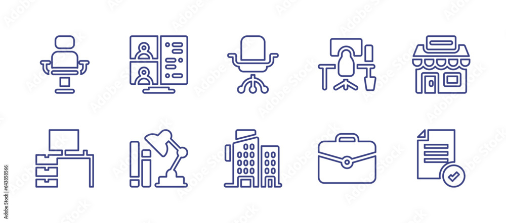 Office line icon set. Editable stroke. Vector illustration. Containing chair, briefcase, office, agency, armchair, videoconference, file, desk, table lamp.