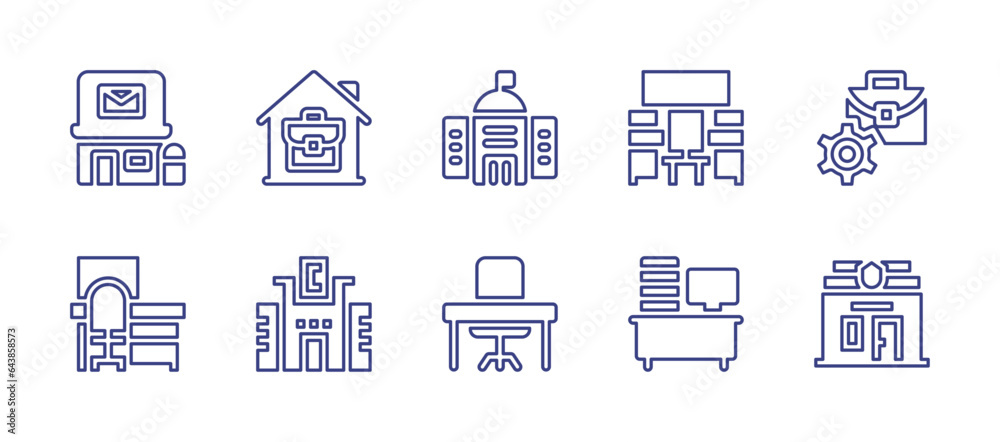 Office line icon set. Editable stroke. Vector illustration. Containing government, desk, meeting room, portfolio, overwork, police station, home, post office, office, workplace.