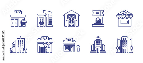 Office line icon set. Editable stroke. Vector illustration. Containing home office, post office, ticket office, office, office building.