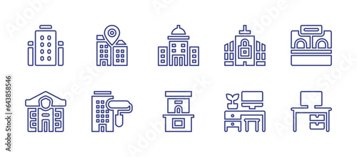 Office line icon set. Editable stroke. Vector illustration. Containing desk, office, offices, maintenance, police station, ticket office, city building.