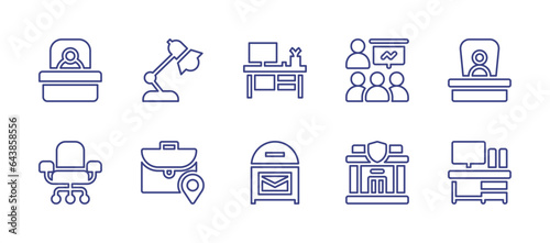 Office line icon set. Editable stroke. Vector illustration. Containing desk, post office, presentation, boss, police station, workplace, lamp, pin, chair.