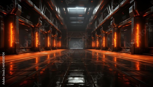 sci fi studio stage set in a dark, cyberpunk garage.polished concrete tiled floor in vivid orange