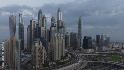 Aerial view of cityscape and skyline in Marina.Dubai UAE at sunrise.