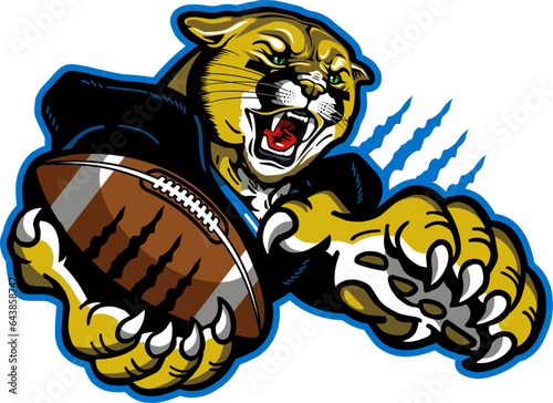 angry cougar mascot holding football for school, college or league sports