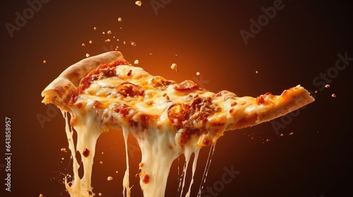 Slice of pizza falling into the air on a dark background.