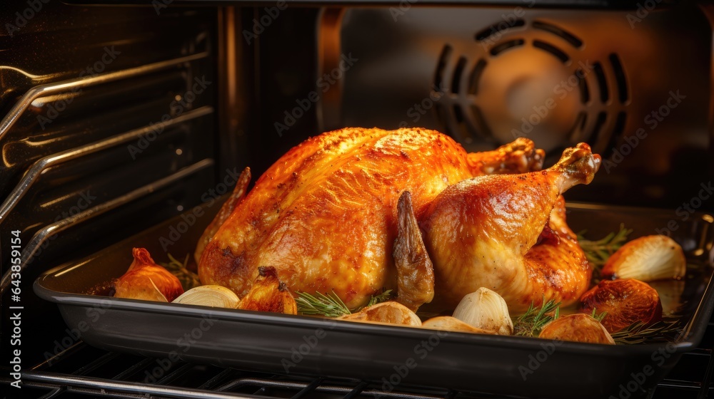 Fototapeta premium Roasted whole chicken in the oven