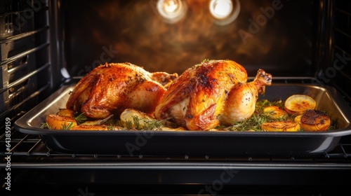 Roasted whole chicken in the oven photo