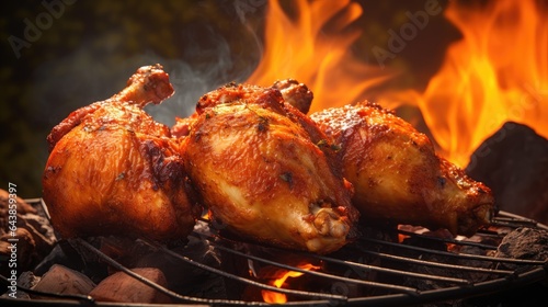 Roasted chicken legs on the grill with flames and smoke, close up