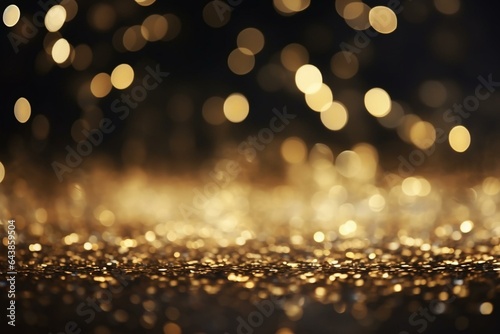 Dark background with shining particles of gold glitter creating an abstract bokeh effect. Generative AI