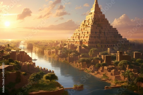 Fotografiet The ancient city of Babylon, featuring the iconic Tower of Babel and picturesque houses