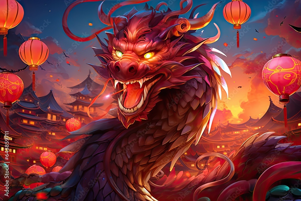 dragon image with oriental lanterns, in the style of hyper realistic illustrations, chinese new year 2024 dragon image with oriental lanterns, in the style of hyper realistic illustrations, chinese new year 2024