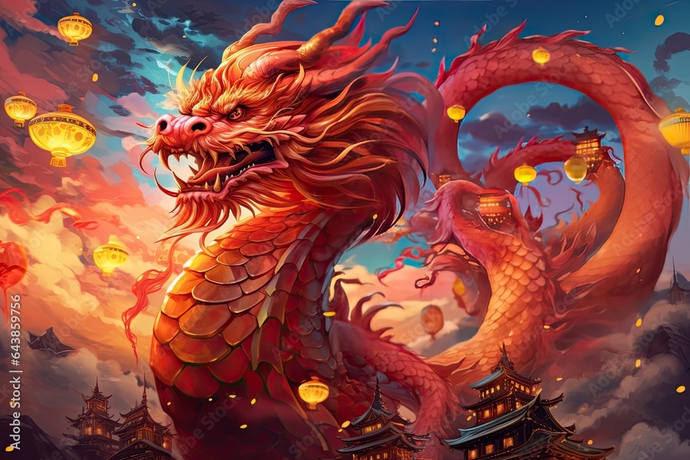 dragon image with oriental lanterns, in the style of hyper realistic illustrations, chinese new year 2024 dragon image with oriental lanterns, in the style of hyper realistic illustrations, chinese new year 2024