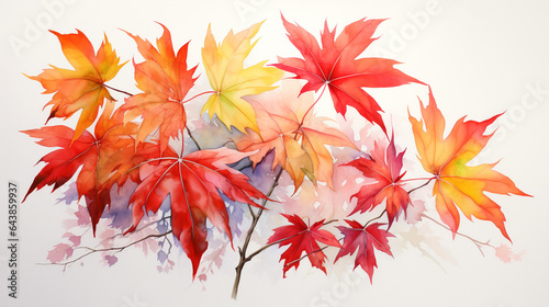 Watercolor painting of fully red Maple leaves in Autumn. 