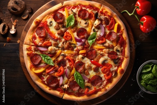 Pizza on a wooden background. Top view with copy space.