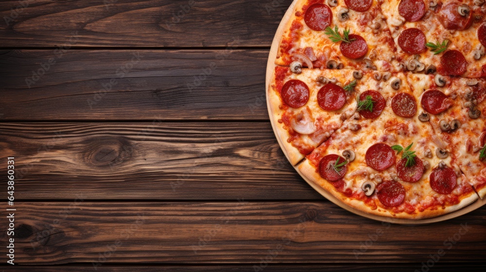 Pizza on a wooden background. Top view with copy space. Pizza on a wooden background. Top view with copy space.