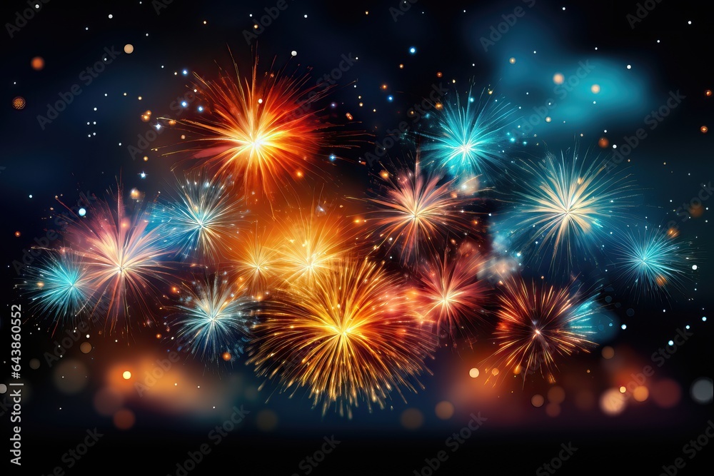 A vibrant and celebratory background image for creative content in the New Year's celebration, showcasing colorful fireworks bursting in the night sky. Photorealistic illustration, Generative AI
