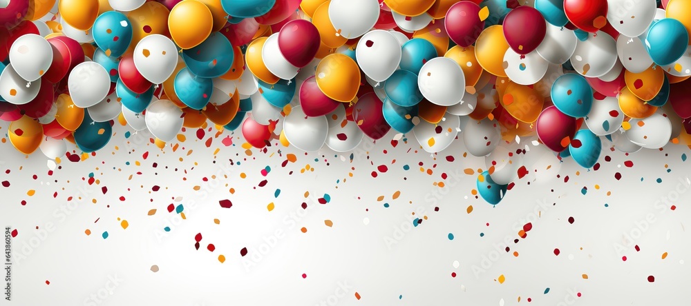 A wide-format background image in celebration, featuring colorful balloons and confetti on the top half, while leaving the bottom half for customization. Photorealistic illustration, Generative AI