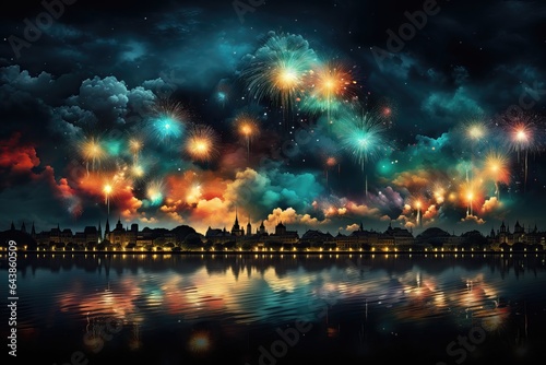 A spectacular wallpaper in the New Year's celebration, depicting colorful fireworks lighting up the cityscape with their reflection shimmering on the water. Photorealistic illustration, Generative AI