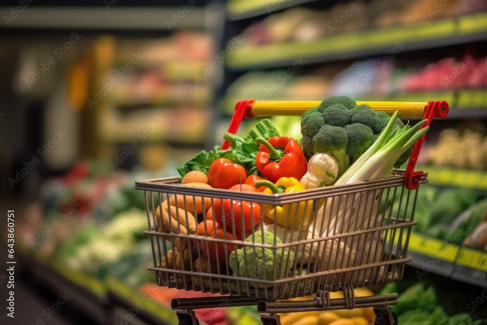 Shopping cart full of fresh vegetables in supermarket