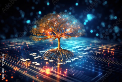 Tree of Knowledge, Interconnectedness, Complexity, Synaptic Activity.. Metaphorical representation of data-driven decisions. Neural network in artificial Intelligence. Machine learning.