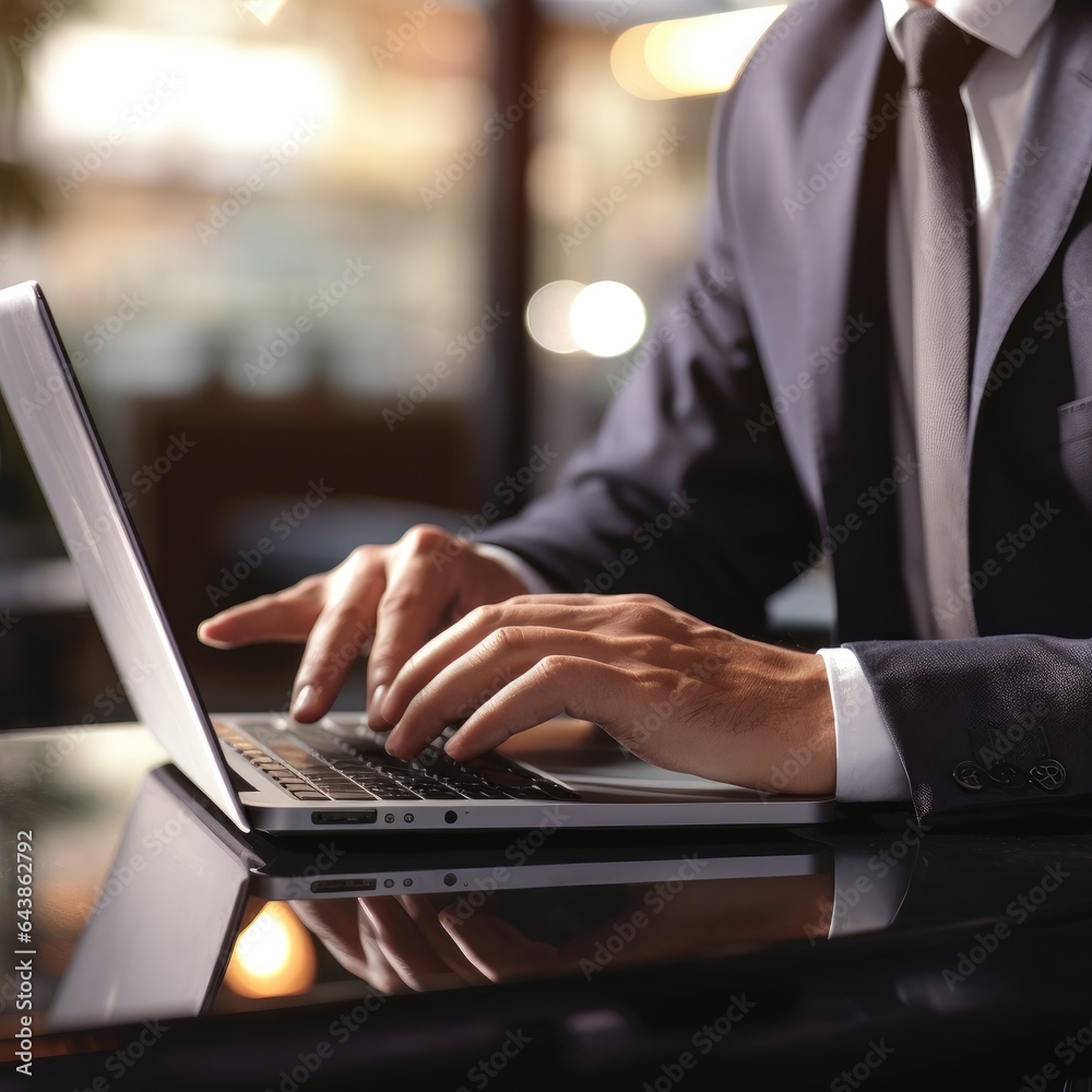 closeup with hand of businessman using laptop, with out door cafe, chilling, technology concept. AI Generative. closeup with hand of businessman using laptop, with out door cafe, chilling, technology concept. AI Generative.