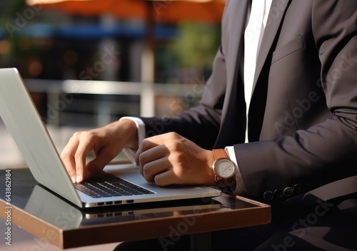 closeup with hand of businessman using laptop, with out door cafe, chilling, technology concept. AI Generative.