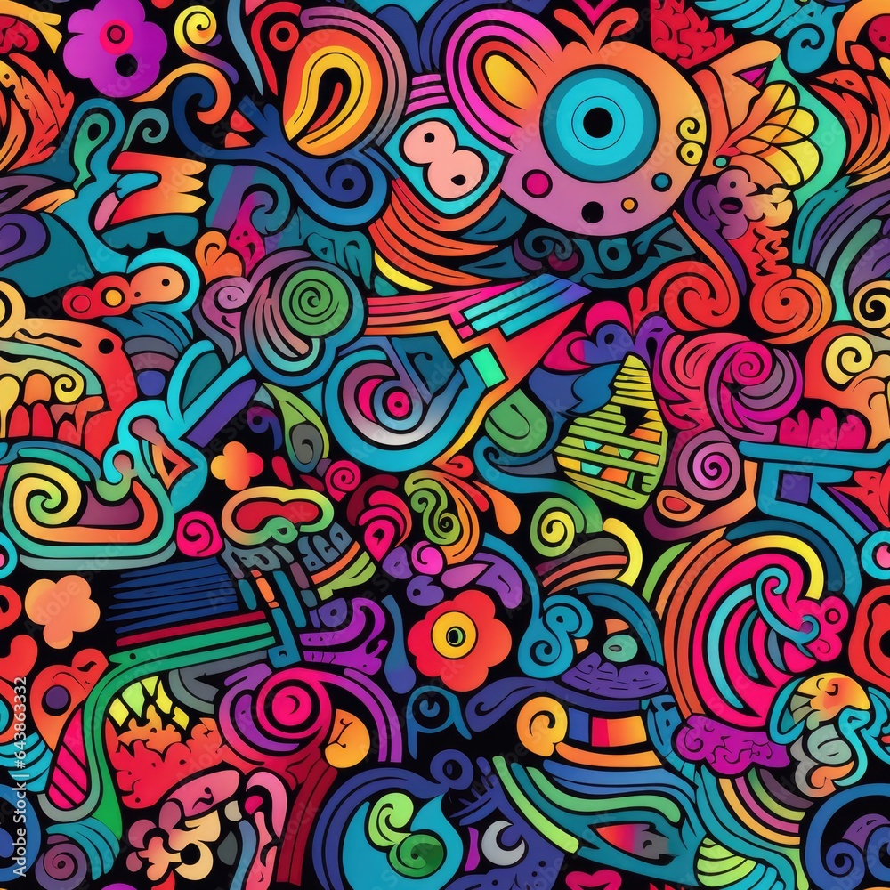 Kawaii doodle smiling monsters seamless pattern for child prints, designs and coloring books. Food, animals, robots, flowers. AI Generative. Kawaii doodle smiling monsters seamless pattern for child prints, designs and coloring books. Food, animals, robots, flowers. AI Generative.