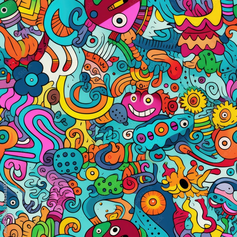 Kawaii doodle smiling monsters seamless pattern for child prints, designs and coloring books. Food, animals, robots, flowers. AI Generative.