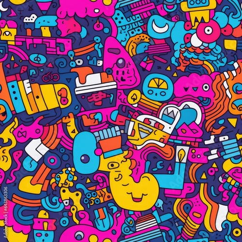 Kawaii doodle smiling monsters seamless pattern for child prints  designs and coloring books. Food  animals  robots  flowers. AI Generative.