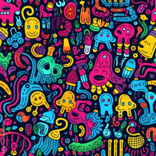 Kawaii doodle smiling monsters seamless pattern for child prints  designs and coloring books. Food  animals  robots  flowers. AI Generative.