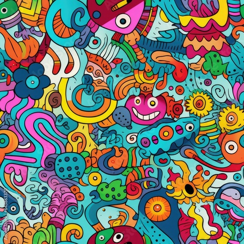 Kawaii doodle smiling monsters seamless pattern for child prints  designs and coloring books. Food  animals  robots  flowers. AI Generative.