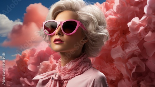 a white-haired woman with pink eyeglasses and pink outfit..