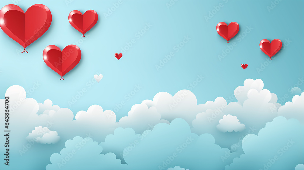 paper cut happy valentine's day concept. landscape with cloud and heart shape flying on blue sky background paper art style.