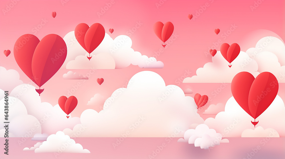 Valentines day sale background with heart balloons and clouds