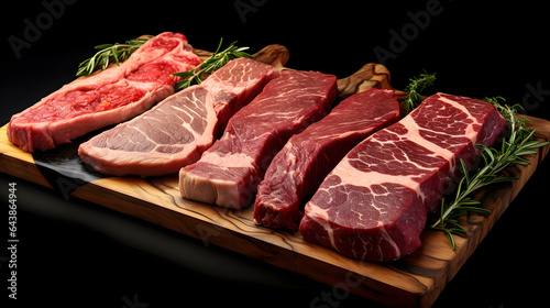Raw meat uncooked on a cutting board isolated on black background