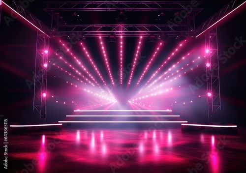 Free stage with lights  lighting devices  Shining spotlights and empty scene. Online event entertainment concept. Background for online concert. AI Generative.