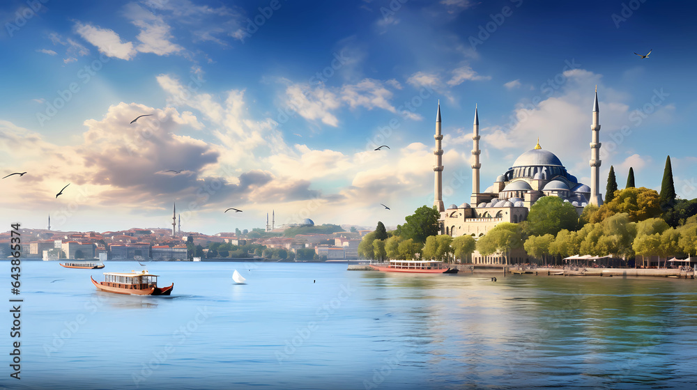 Hagia Sophia and the Blue Mosque in Istanbul, with the Bosphorus river
