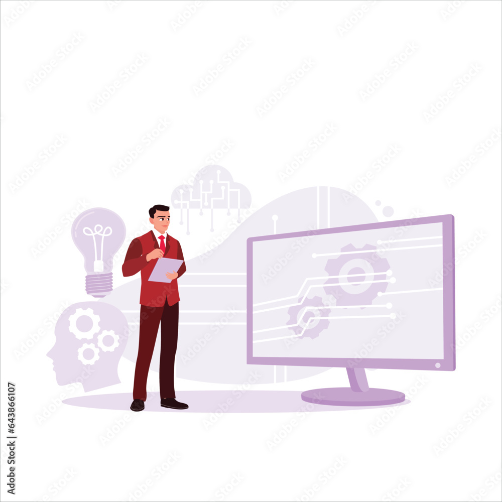 Mobile app developers work on tablets. Trend Modern vector flat illustration Mobile app developers work on tablets. Trend Modern vector flat illustration