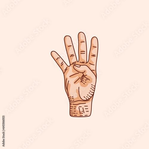 4 or Four number logo in a deaf-mute hand gesture number. Hand drawn vector illustration isolated on brown background.