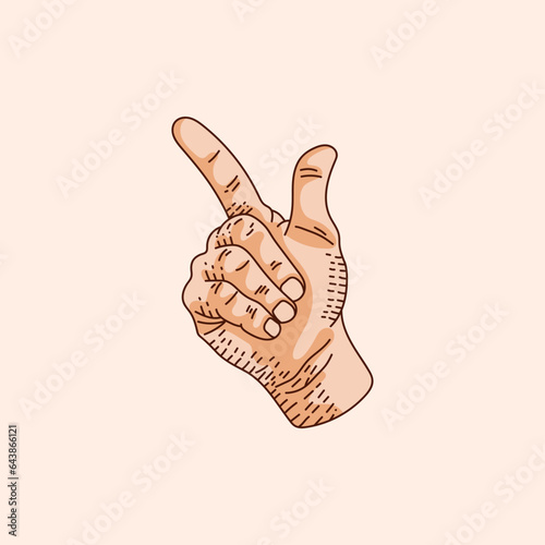 2 or Two number logo in a deaf-mute hand gesture number. Hand drawn vector illustration isolated on brown background.