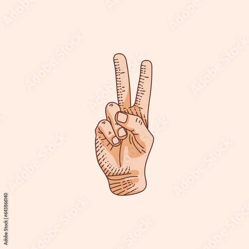 2 or Two number logo in a deaf-mute hand gesture alphabet. Hand drawn vector illustration isolated on brown background.
